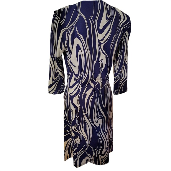 NWT J.McLaughlin Sage 3/4 Slv Marble Print Navy Blue White Cream Rouched Dress - Picture 2 of 7